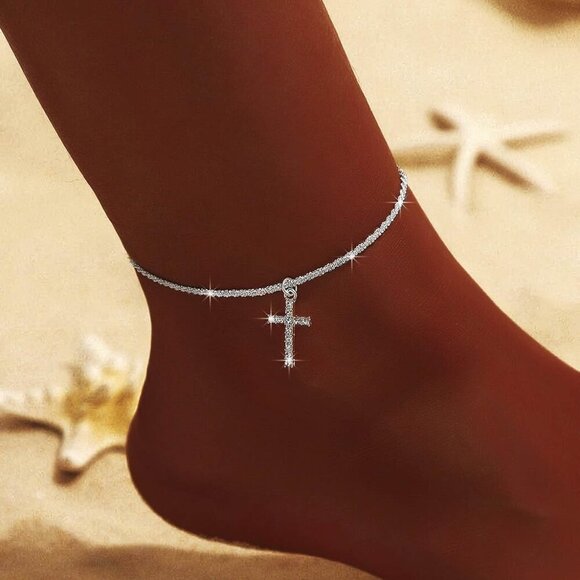 Sterling Silver Ankle Bracelet Dainty 14K Gold Plated Waterproof Beach Jewelry - Picture 4 of 6